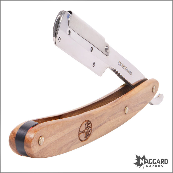 Boker 140906 Pro Barberette Stainless Steel Shavette Razor, Olive Wood Scales
