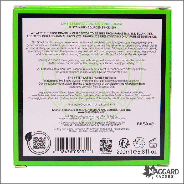 Castle Forbes Lime Essential Oil Shaving Cream, 200ml