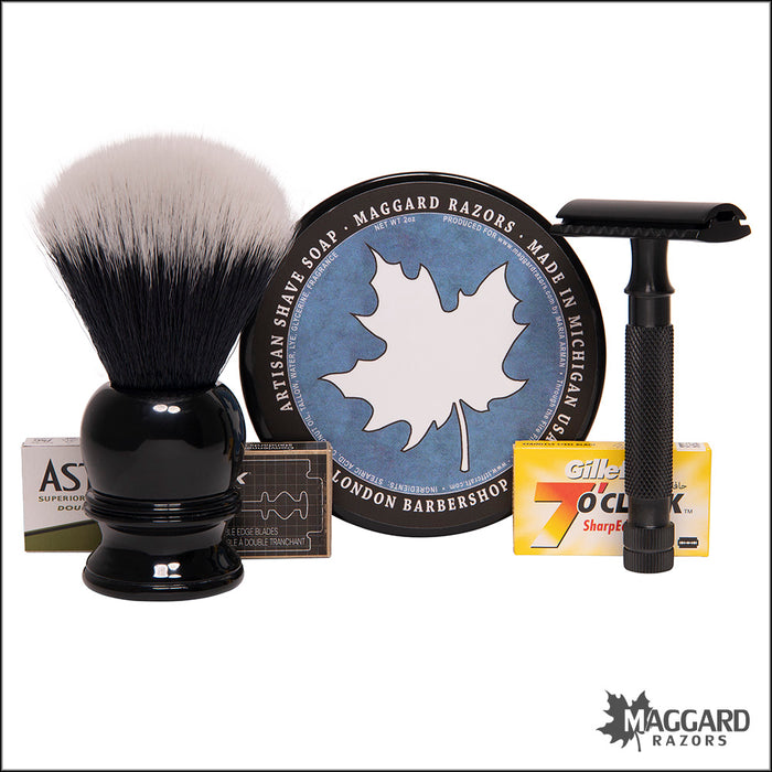 Maggard Razors BLACK Series: Basic Wet Shaving Starter Kit with Black Anodized Razor
