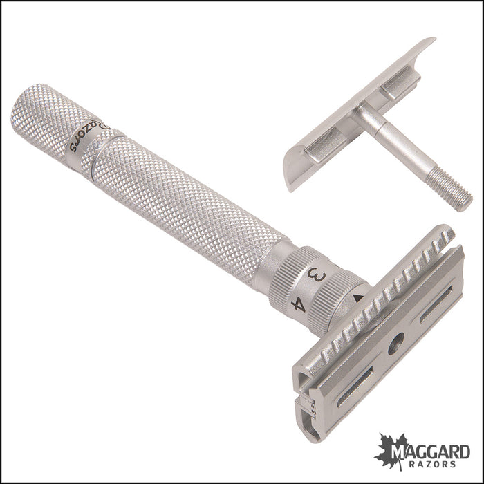 Rockwell Razors SETPOINT™ Adjustable 2-Piece Machined DE Safety Razor, Silver Aluminum